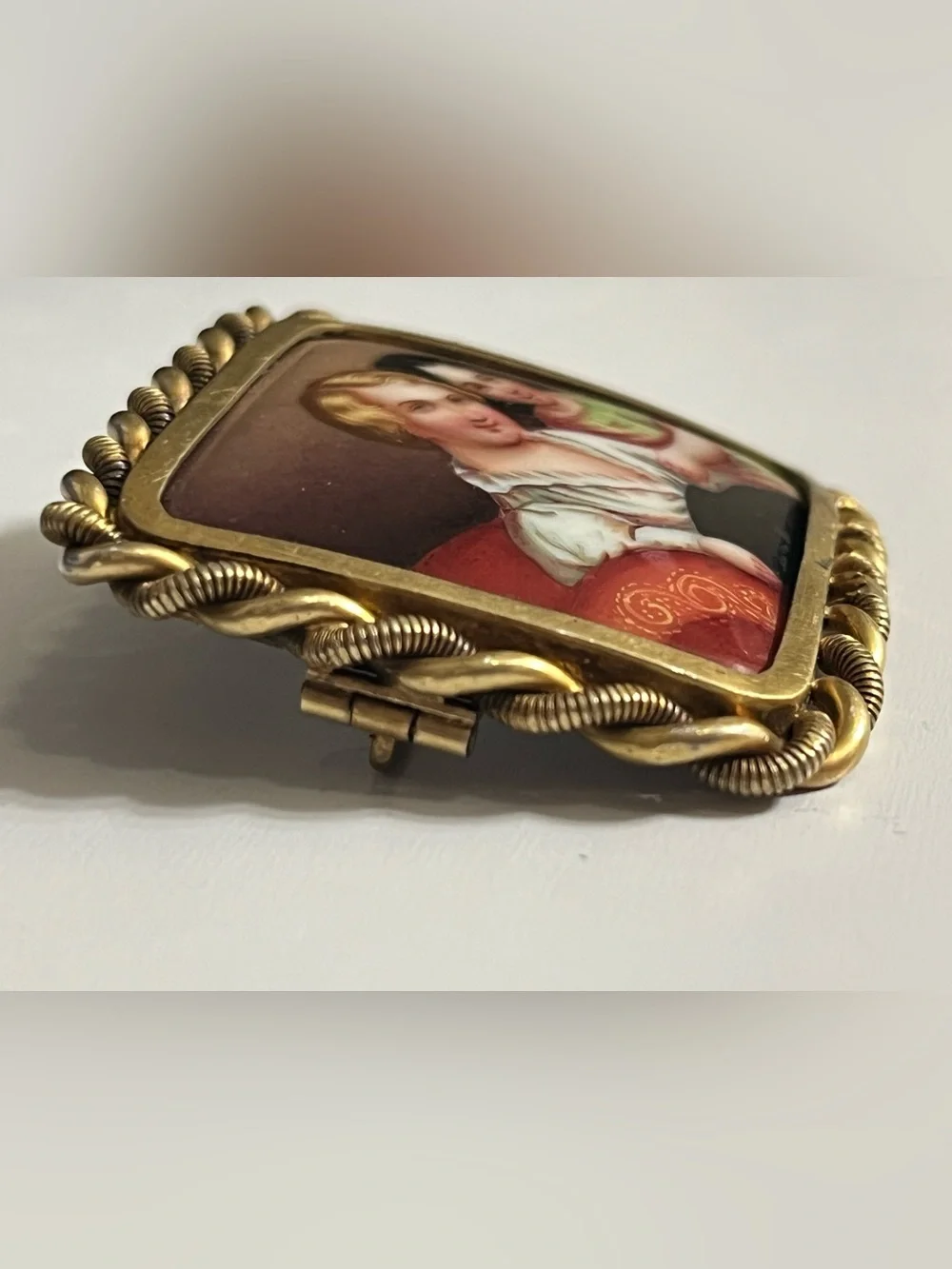Antique Victorian Gilt Gold-tone Metal Hand Painted Porcelain Plaque Brooch